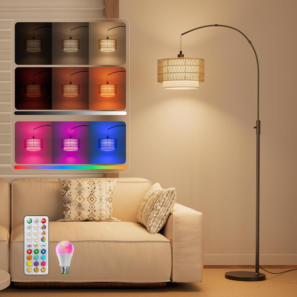 Boho Rattan Arc Floor Lamp, 71" RGB Color Changing, 3-in-1 Shade