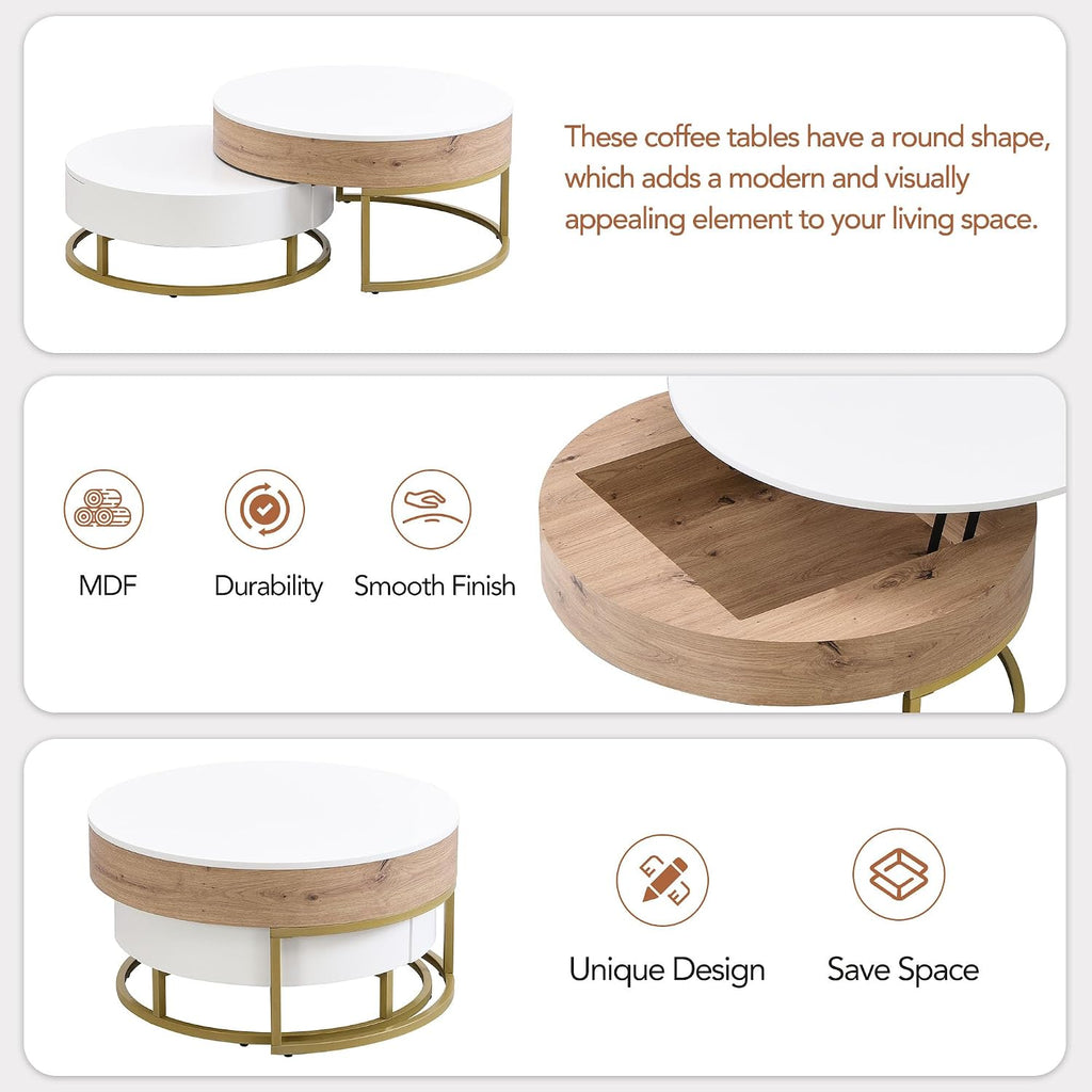 Modern Round Lift-top Nesting Coffee Tables with 2 Drawers for Living Room White & Natural