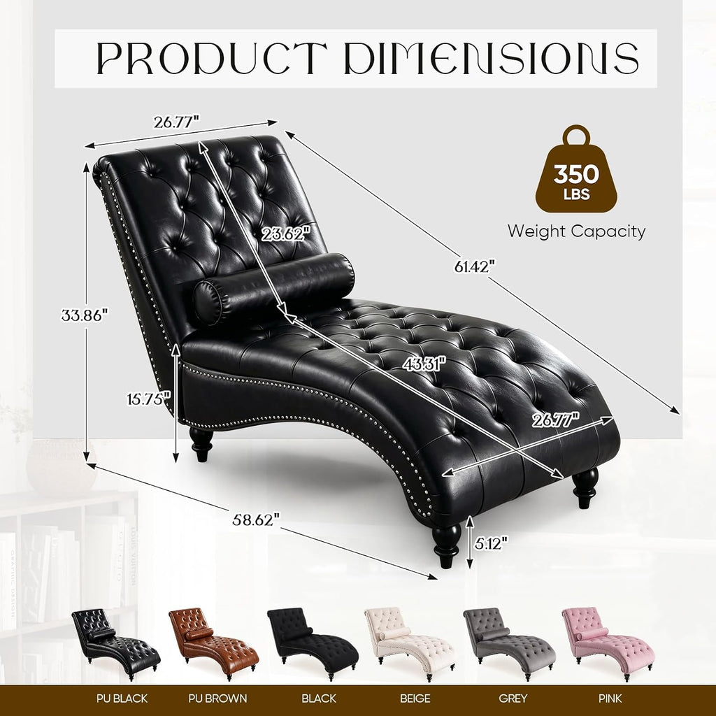 Faux Leather Chaise Lounge Indoor with Toss Pillow, Modern Chaise Lounge Chair, Upholstered PU Armless Ergonomic Chairs with Tufted Buttons and Nail Heads for Living Room, Bedroom Furniture, Black