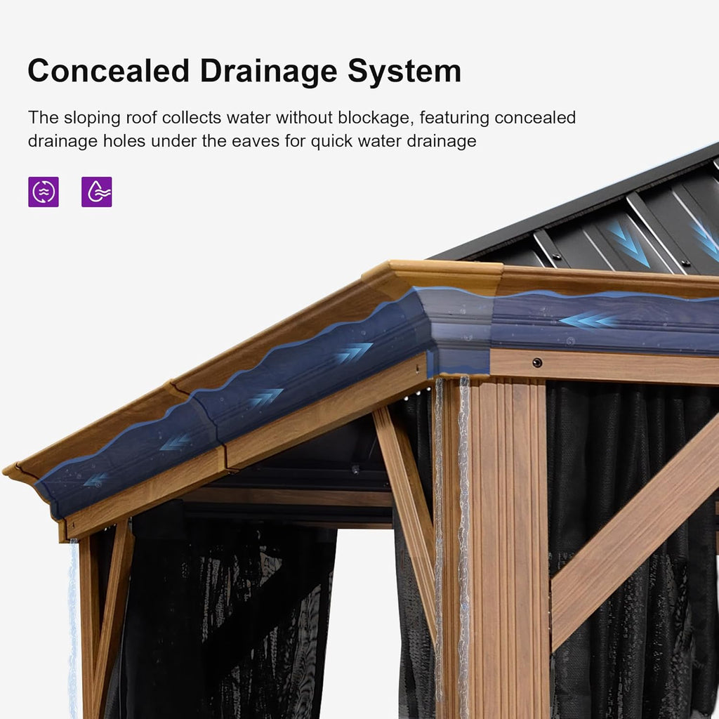PURPLE LEAF Outdoor Gazebo 12' x 16' with Drainage System, Wood Grain Frame