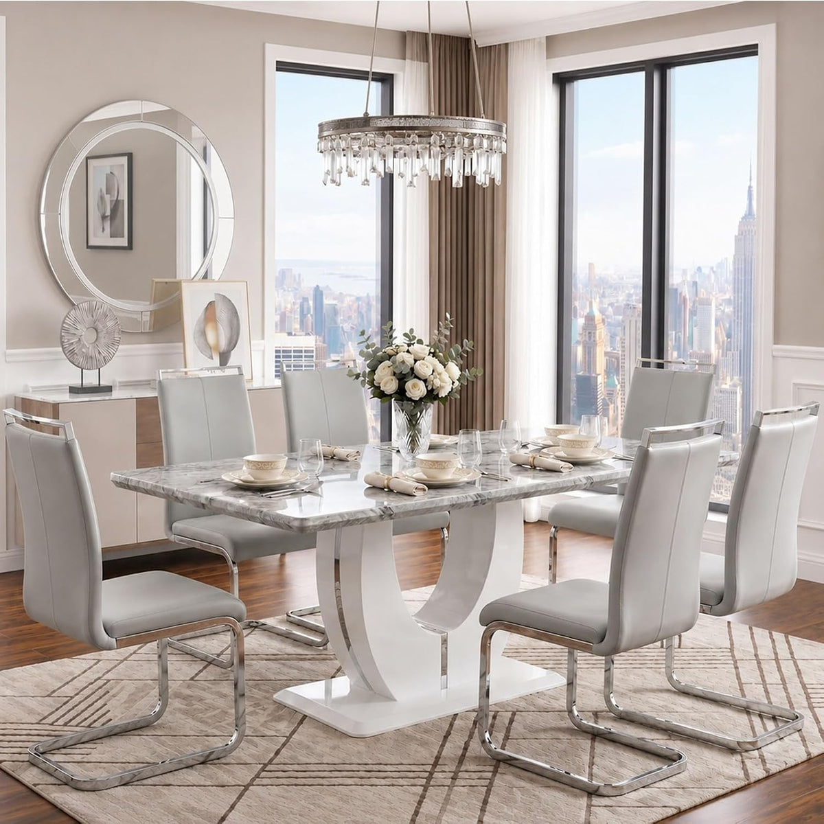 JUFU 7 Piece Dining Table Set for 6, 63 Inch Faux Marble Rectangular Kitchen Table and Chairs Set, Modern Dining Room Table Set with U-Shaped Pedestal Base & 6 Light Gray PU Leather Cantilever Chairs
