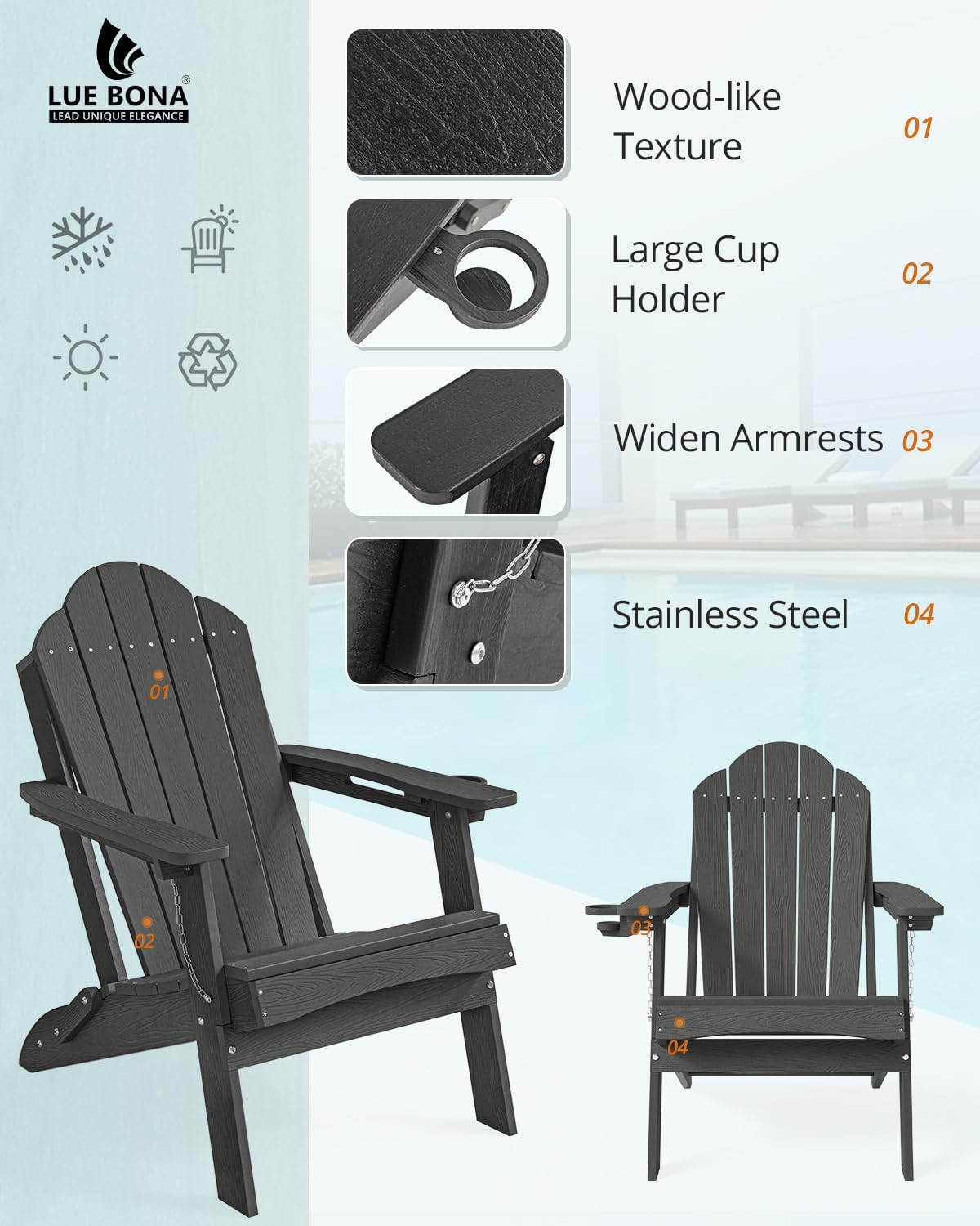 LUE BONA HDPE Folding Adirondack Chair, Cup Holder, Set of 4, Black
