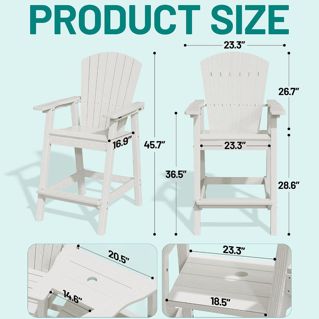 PLUUV Tall Adirondack Chairs Set of 2 with Double Connecting Trays, White