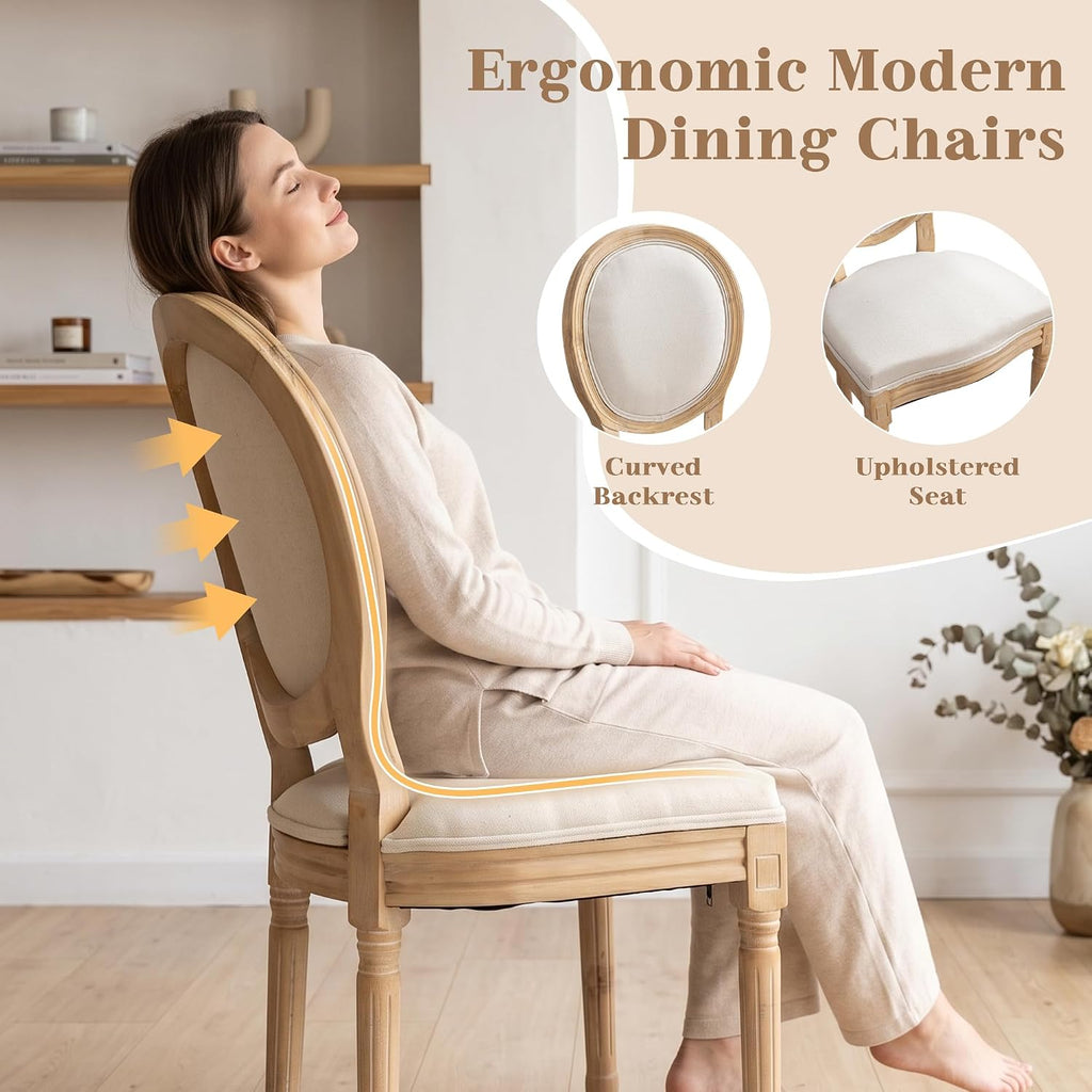 French Country Dining Chairs, Beige Linen, Set of 4