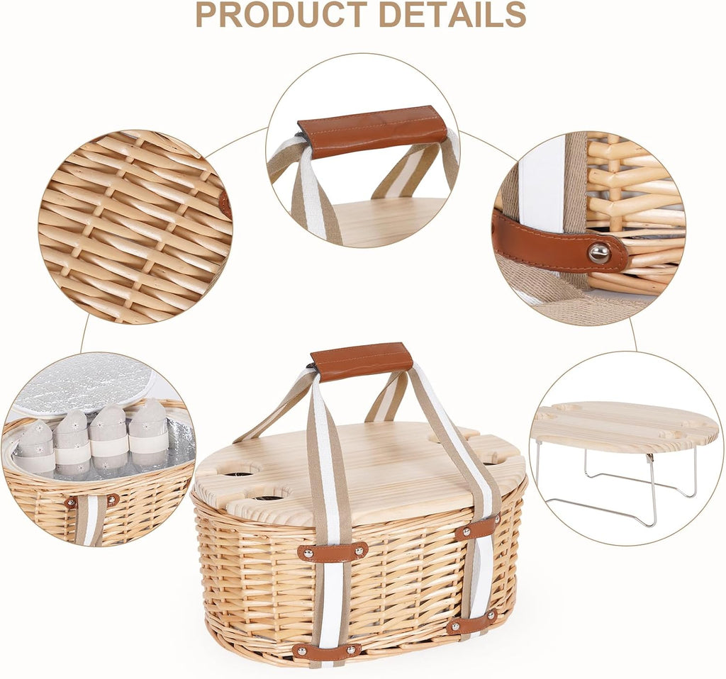 Picnic Basket Set for 4 - Wicker Insulated Picnic Basket