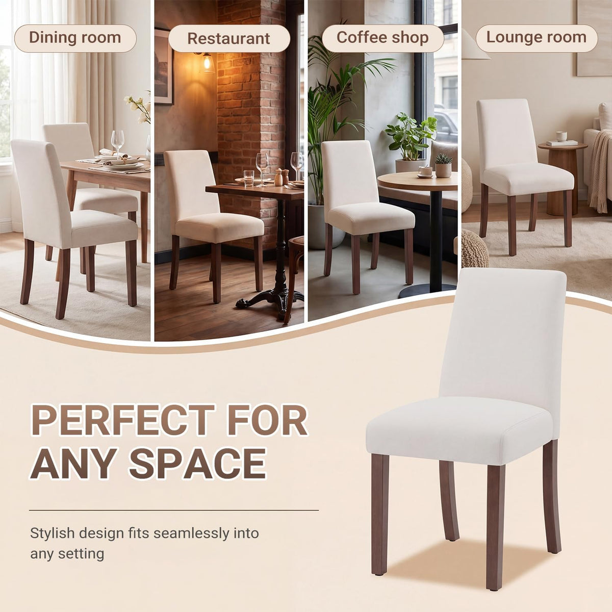 MALOL Modern Dining Chairs Set of 4, Upholstered Kitchen Chairs with High Back, Padded Fabric Dining Room Chair with Solid Wood Legs for Restaurant/Cafe/Home, Light Beige