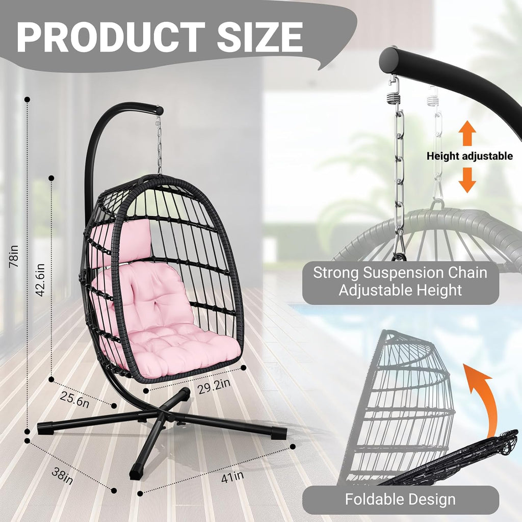 LEVELEVE Hanging Egg Chair with Stand, Patio Rattan Wicker Swing Chair, Oversized Hammock Seat for Bedroom Porch Garden, Thickened Steel Frame & UV Resistant Cushion, 350LBS Capacity(Pink)