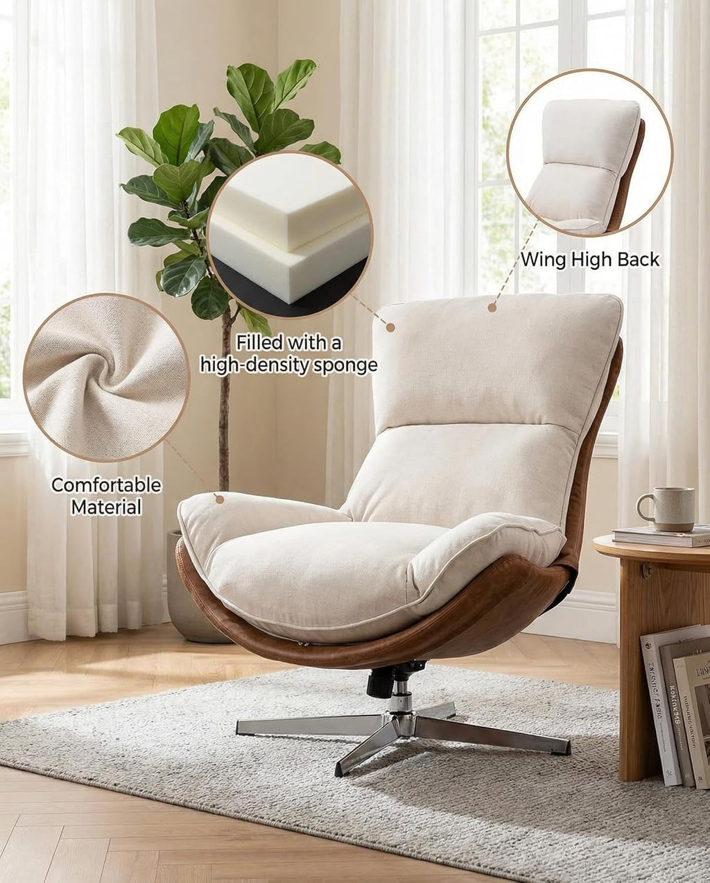 LukeAlon Set of 2 Linen Swivel Lounge Chair, Beige