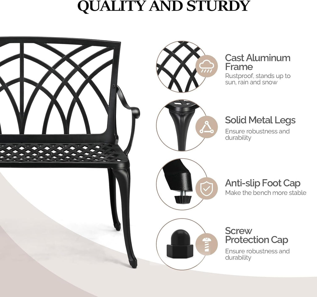 VINGLI 38" Outdoor Metal Bench, Cast Aluminium Garden Bench, Weatherproof Antique Finish Orchid Chair, 1-2 Person Seat Deck Furniture for Porch Entryway Patio (Black)