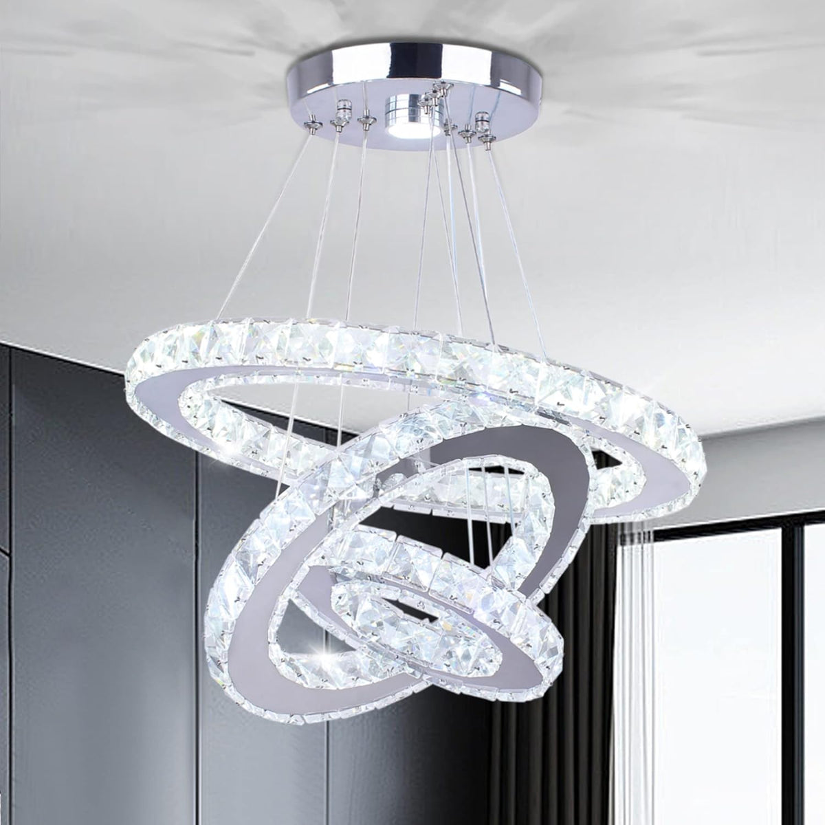 3-Ring Modern Crystal Ring Adjustable Chandelier Ceiling Light Cool White