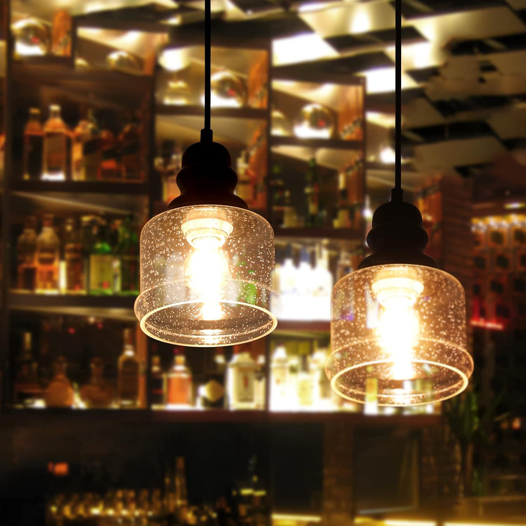 wilon industrial pendant light, 4'' black seeded glass, close-up detail