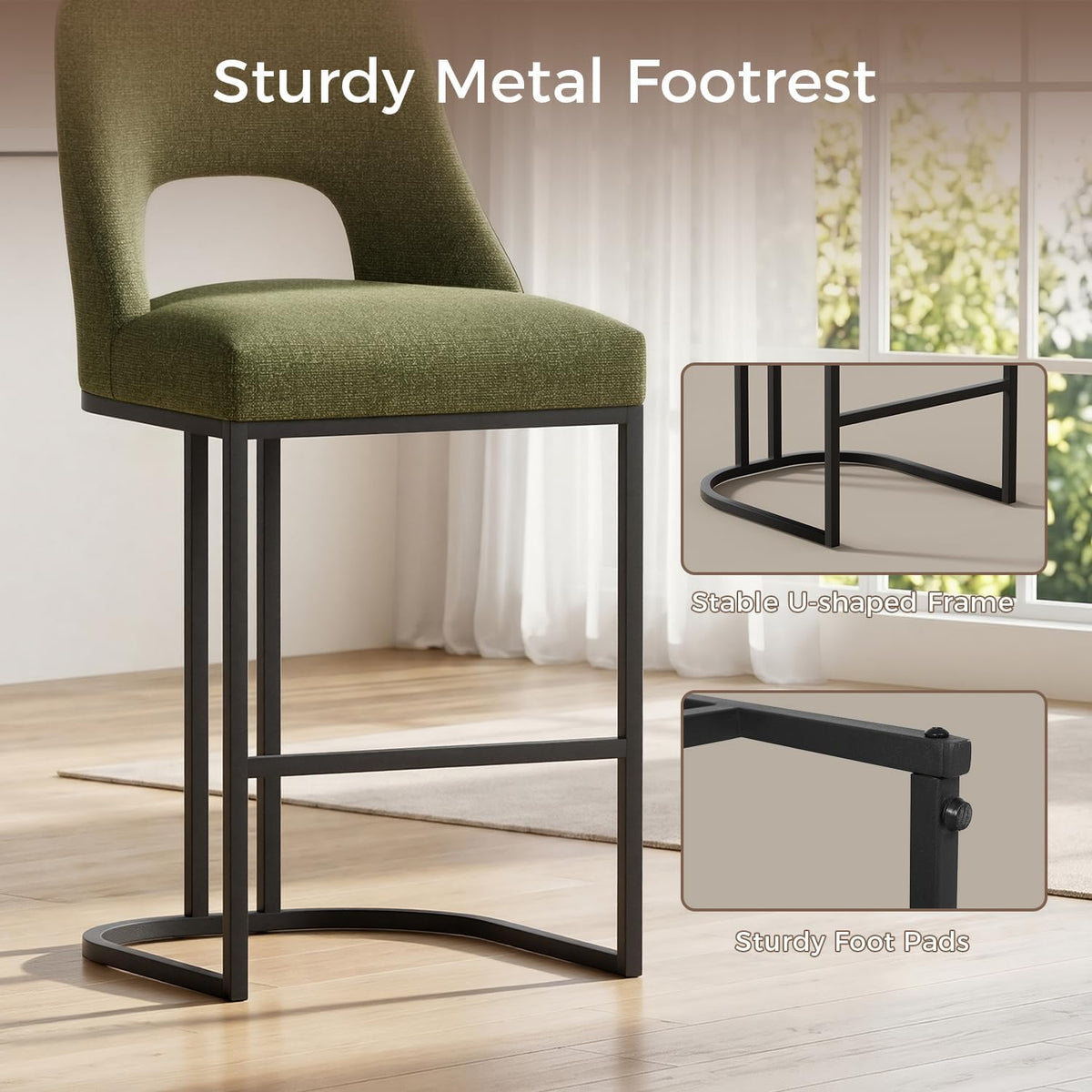 UVV Bar Stools Set of 4, Upholstered Counter Height Bar Stools with Sturdy Metal Legs Green Barstools for Bar Kitchen Island Dining Room