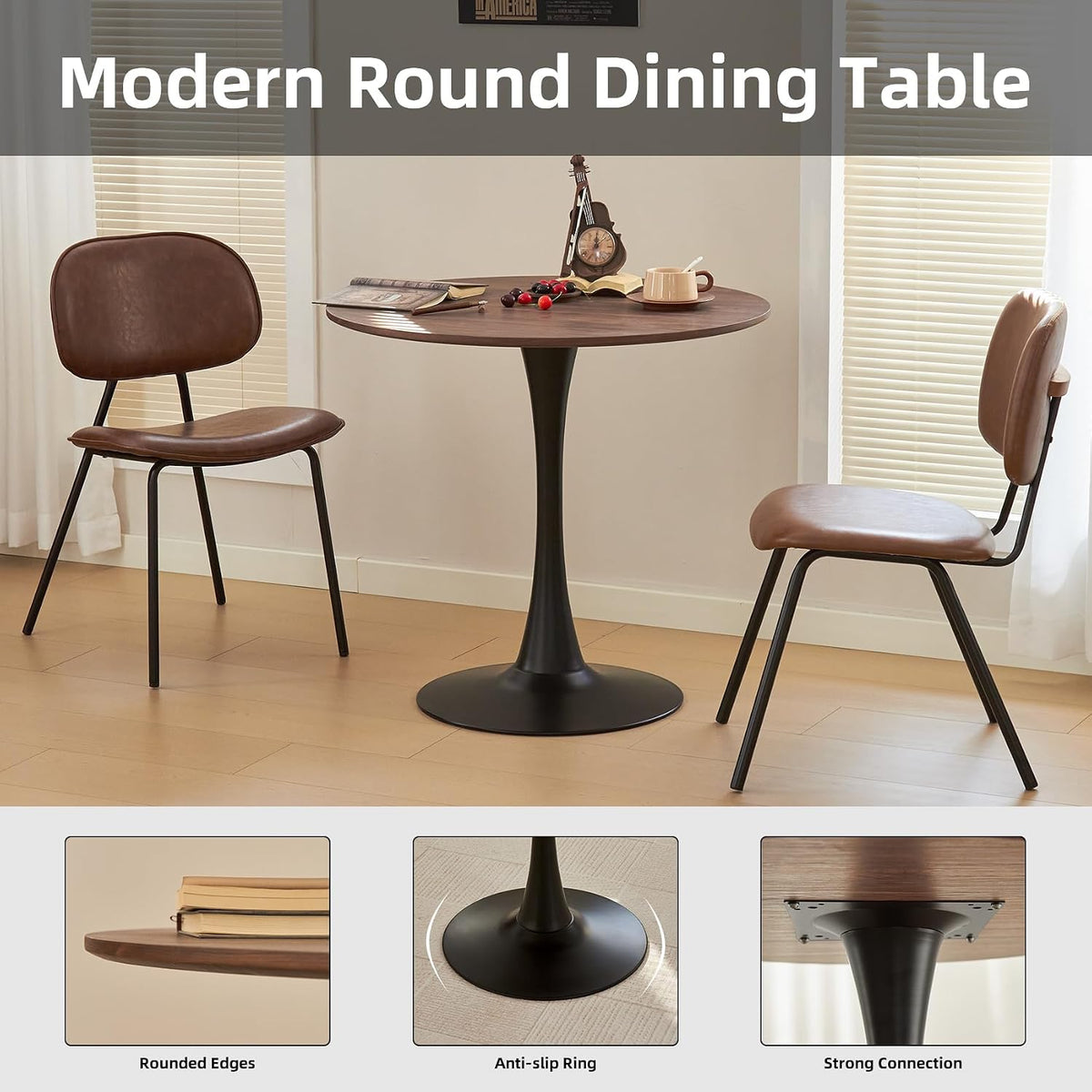 round dining table, 31.5" tulip table (faux walnut), side view