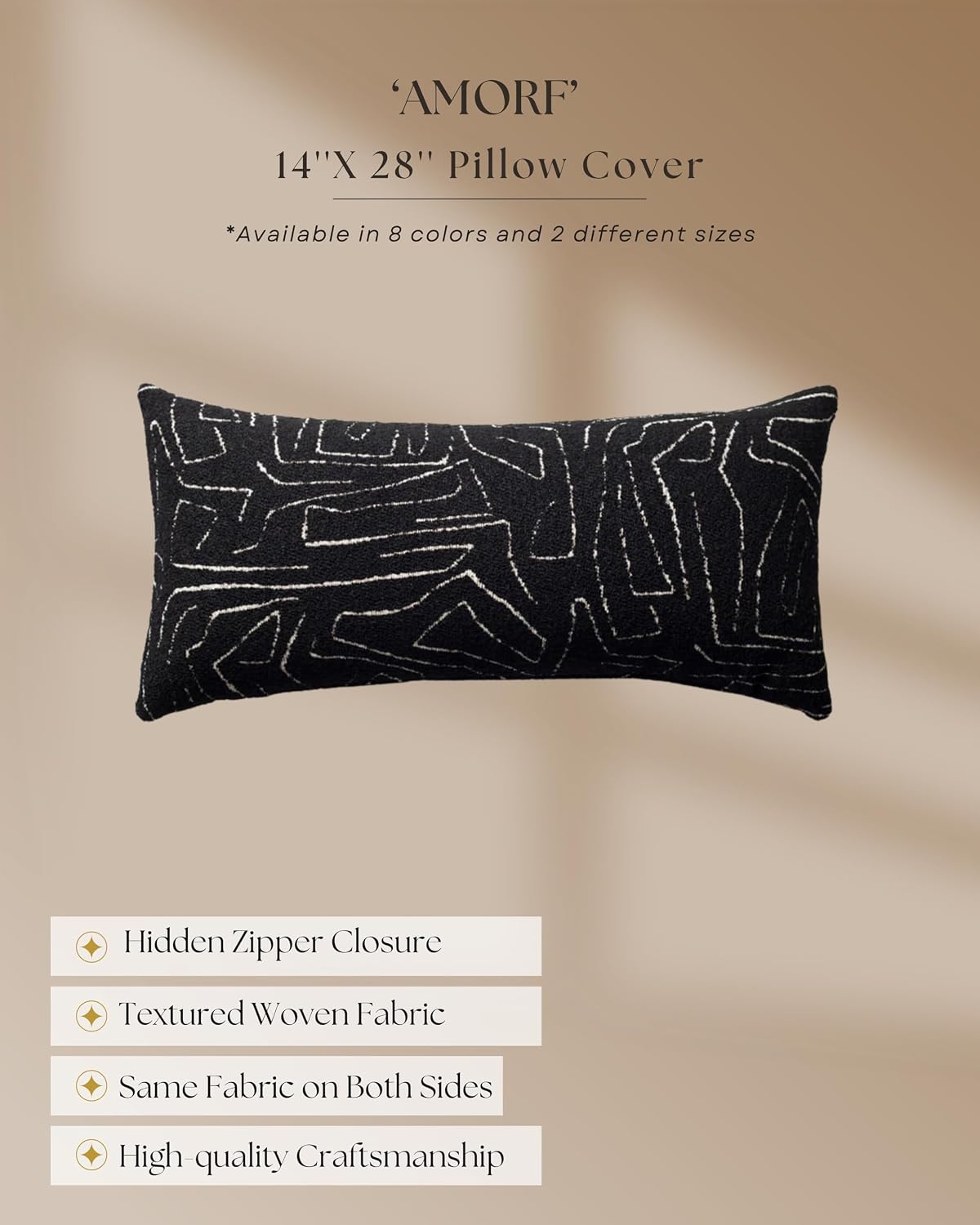 Throw Pillow Covers, Pack of 1 Woven Jacquard Cushion Covers for Sofas, Couches, Bed, Boho Home Decor, Cozy Soft and Comfortable Pillow Cases Bed, Amorf, Black 14x28 Inch