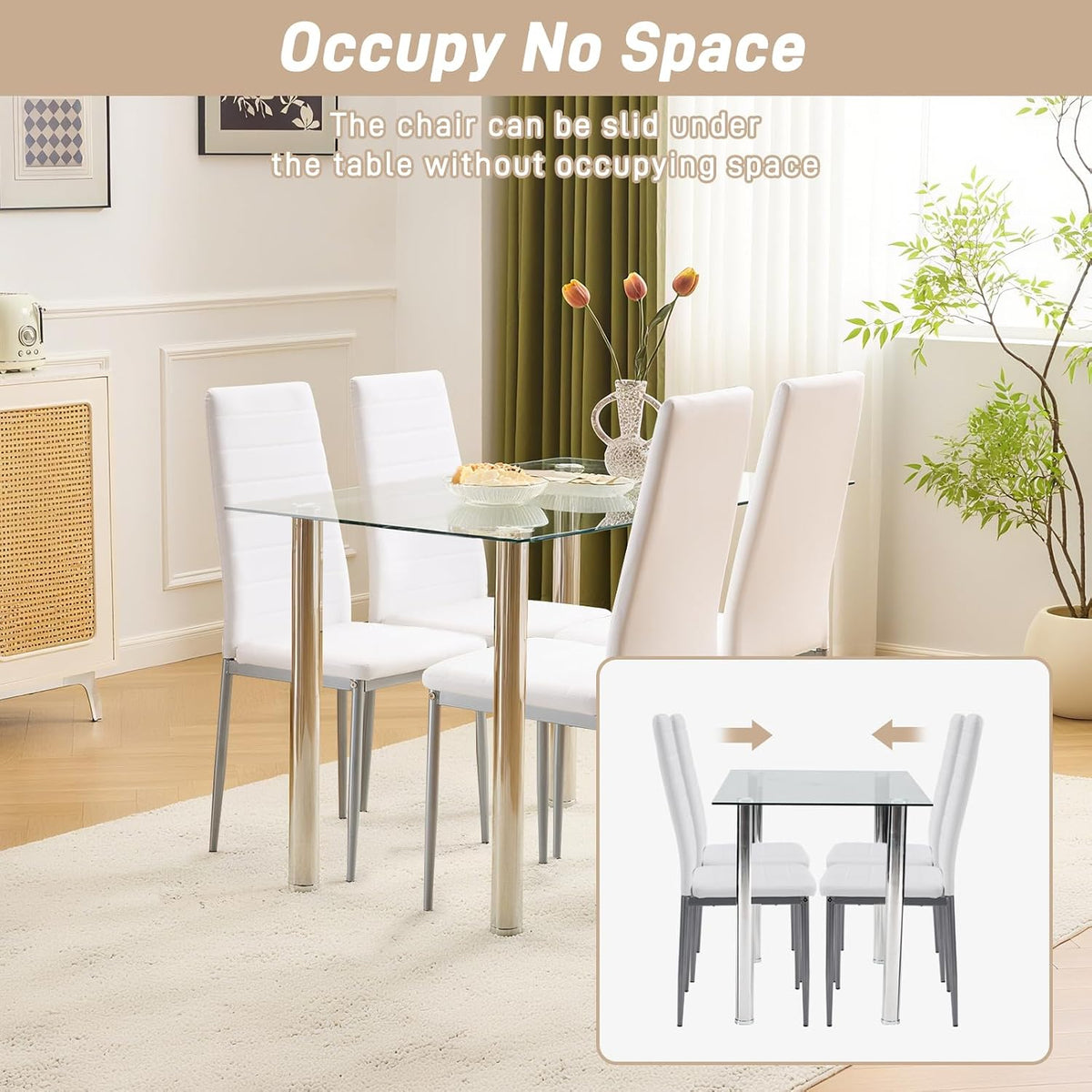 Karl home White Dining Chairs Set of 4, PU Leather & High Back