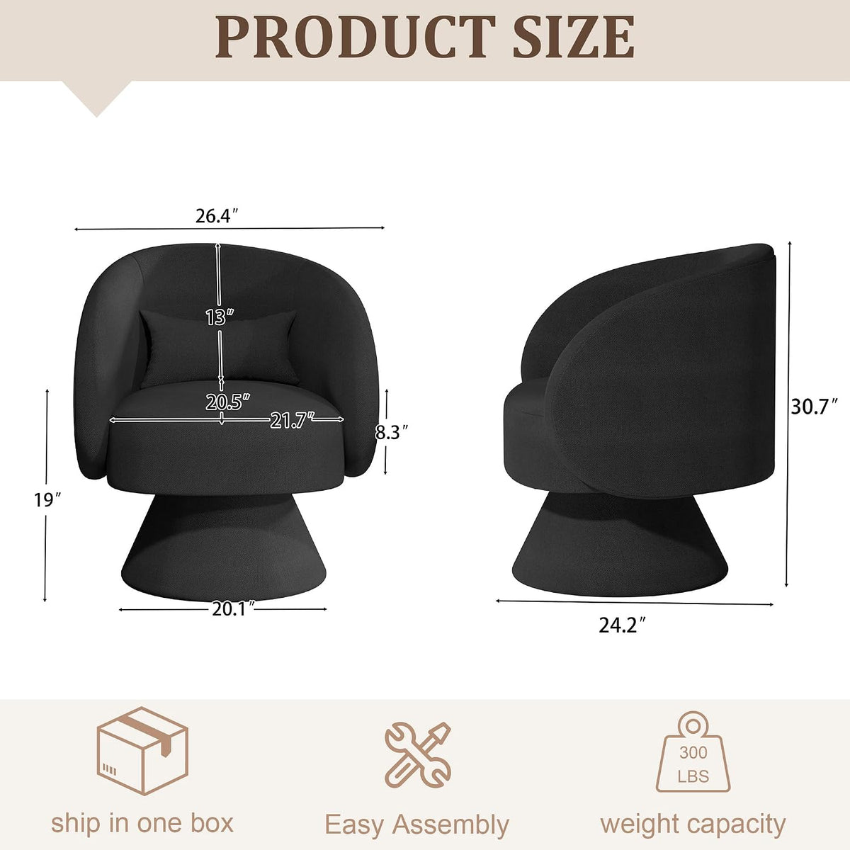 Swivel Barrel Chair Set , 360 Degree Small Accent Vanity Chair, Linen Black