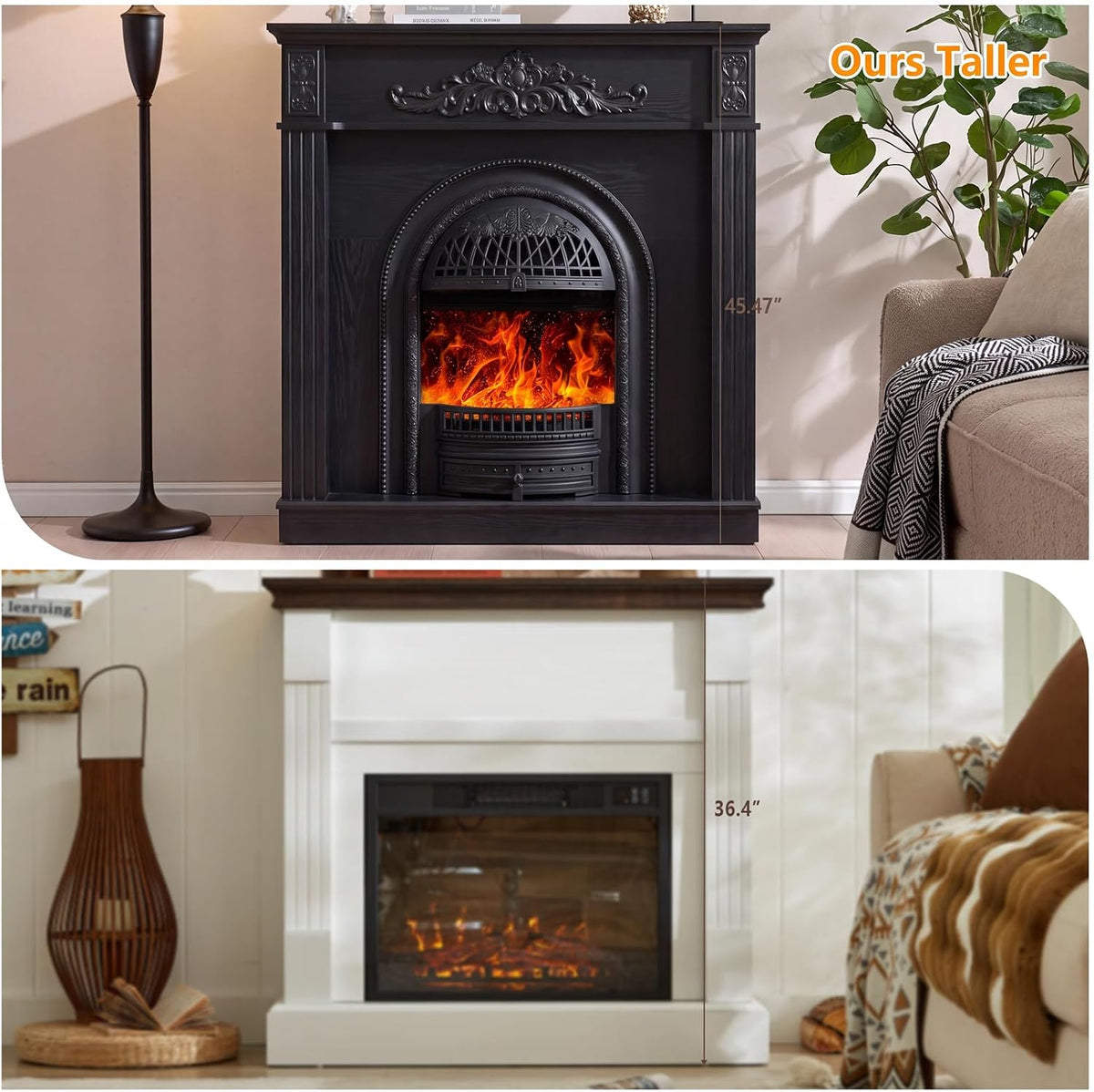 45" Birdcage-Style Electric Fireplace with Mantel, Tall Fireplace TV Stand