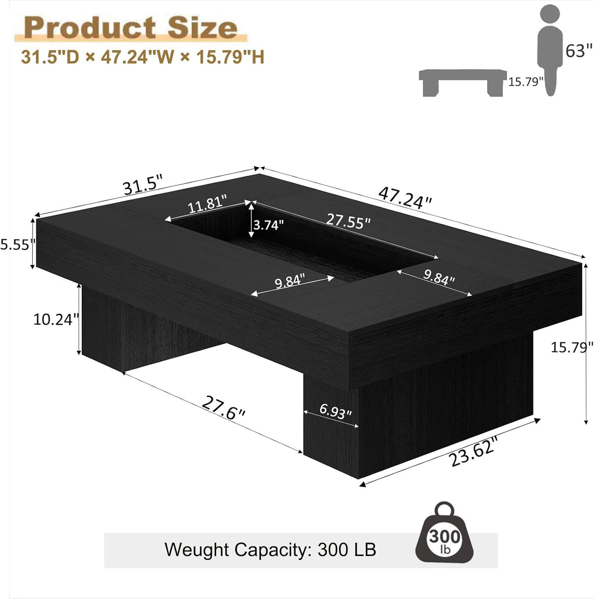 LVB 47"X31" Large Rectangle Black Oak Coffee Table with Storage Living Room