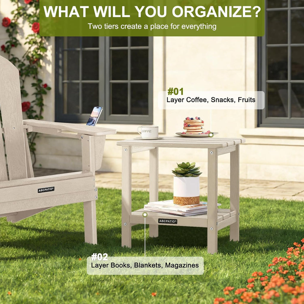 Patio Side Table HDPE Double Layer Storage Square Woodgrain Sand
