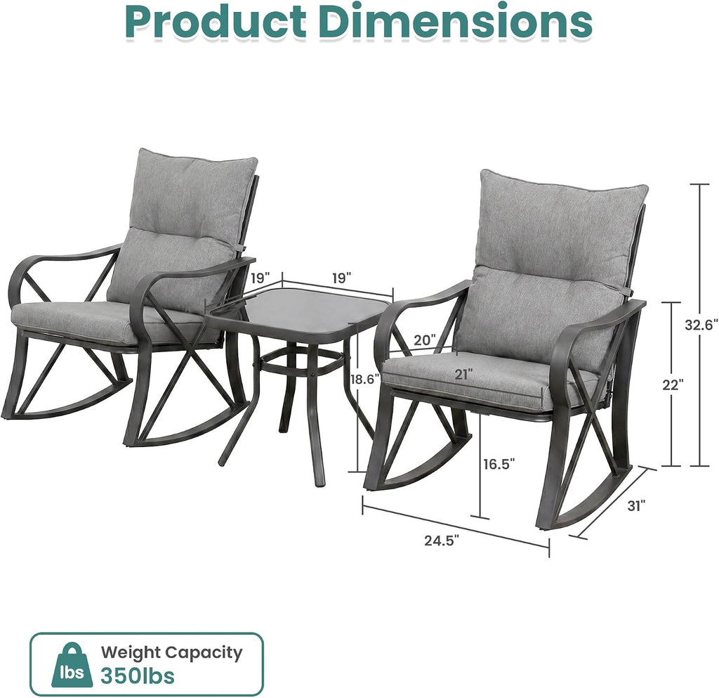 SUNBURY 3 Piece Patio Rocking Conversation Set, Outdoor Rocking Chairs with Thick Removable Cushions & Side Table, Bistro Furniture Set for Porch, Balcony, Poolside, Backyard, Grey