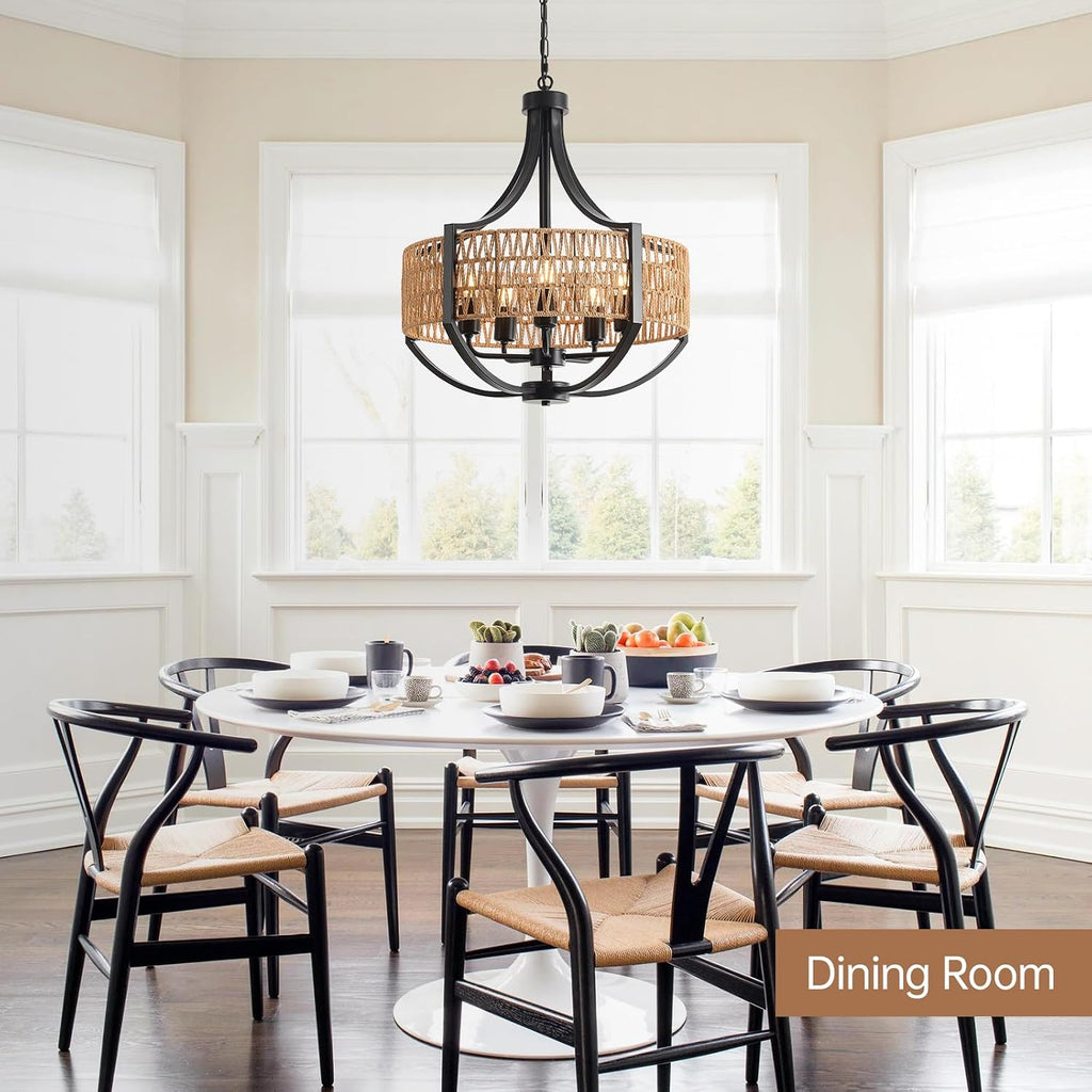 20" Rattan Chandelier, 5-Light Black Farmhouse Pendant Light