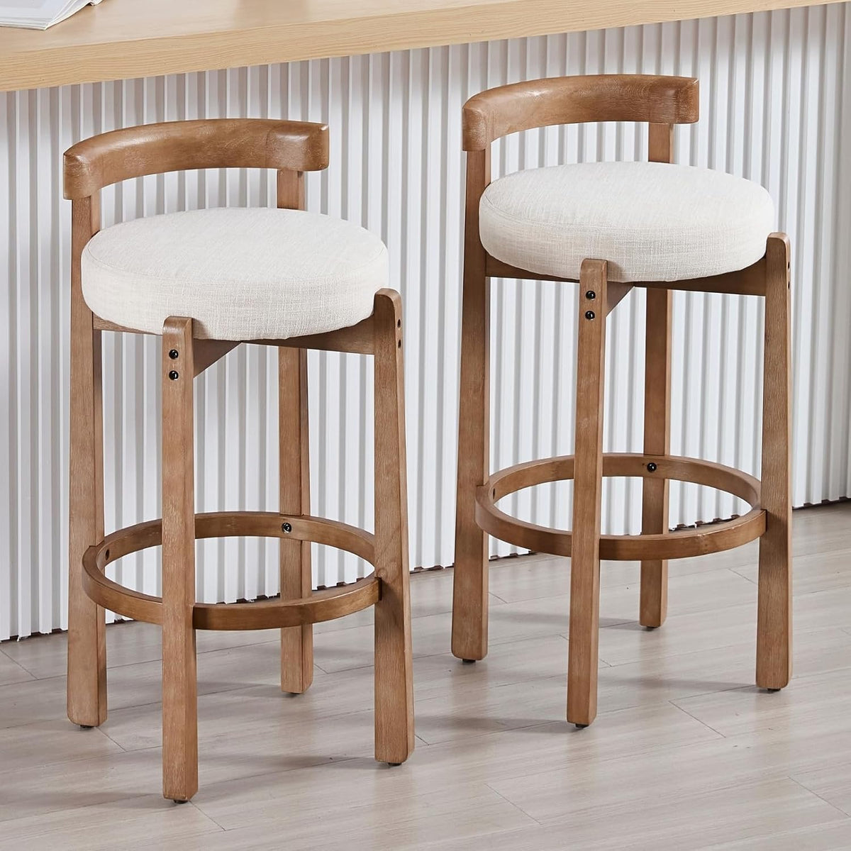 HEAH-YO Linen Bar Stools Set of 6, 30.25" Bar Height Stools with Back, Upholstered Barstools with Solid Wood Legs Tall Bar Chairs for Kitchen Island Dining Room, Beige
