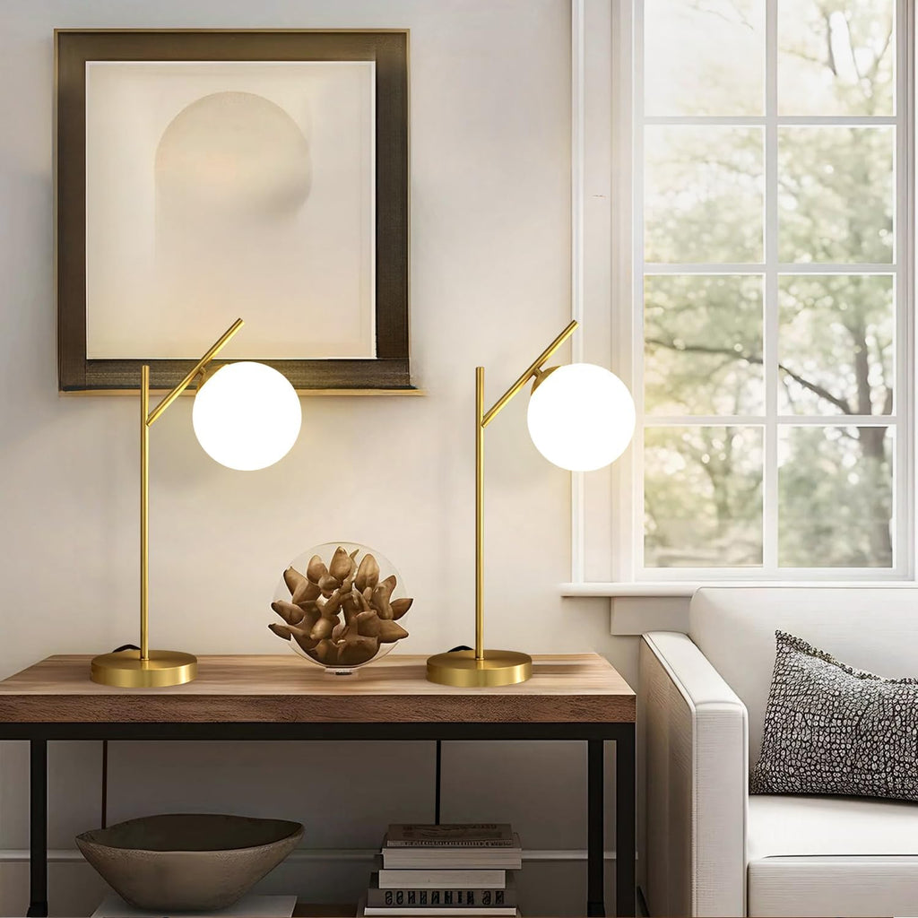 Mid Century Modern Table Lamp, 1 Light Brass Glass Globe Bedside Lamp, Contemporary Metal Table Lamp with Milky White Glass shadefor Bedroom Living Room Study Room