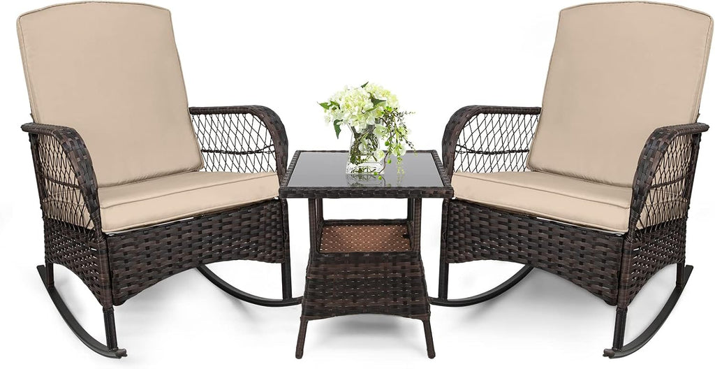 LEVELEVE 3 pcs Rocking Bistro Set Conversation Chairs PE Wicker Outdoor Rocking Chairs & Glass Table,for Porch Lawn Garden Backyard Deck(Rocking Set,Khaki)