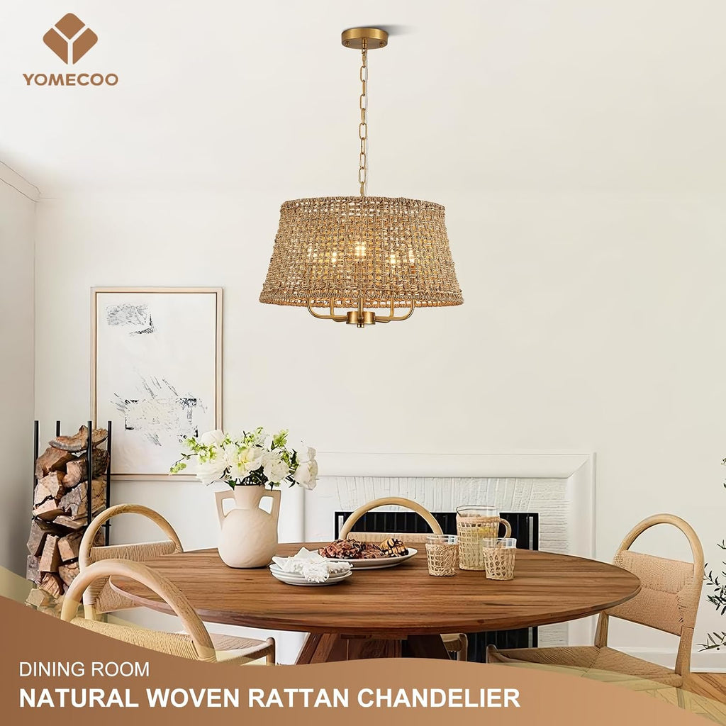 19.7" Boho Rattan Chandelier, 5-Light Gold Wicker Light Fixture