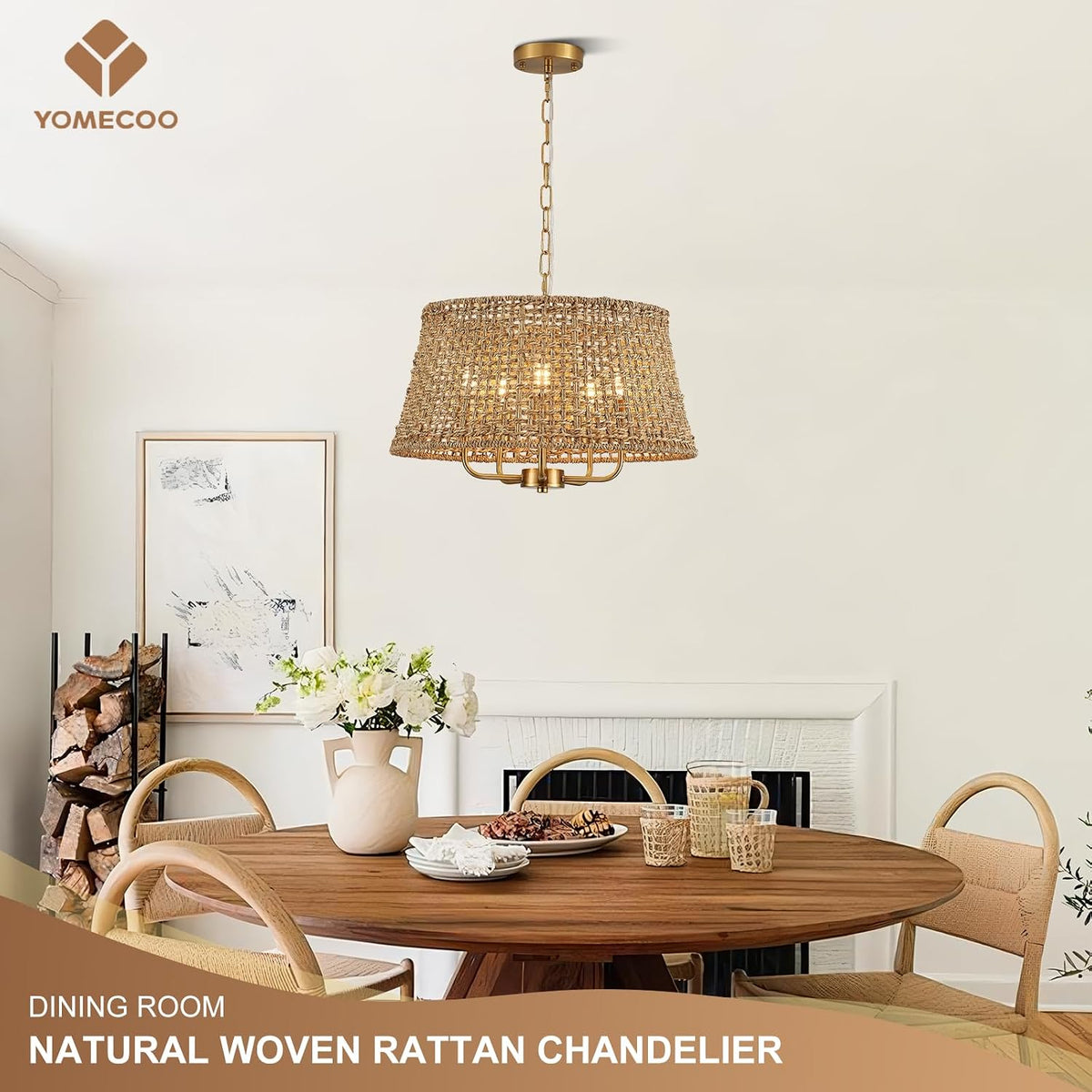 19.7" Boho Rattan Chandelier, 5-Light Gold Wicker Light Fixture