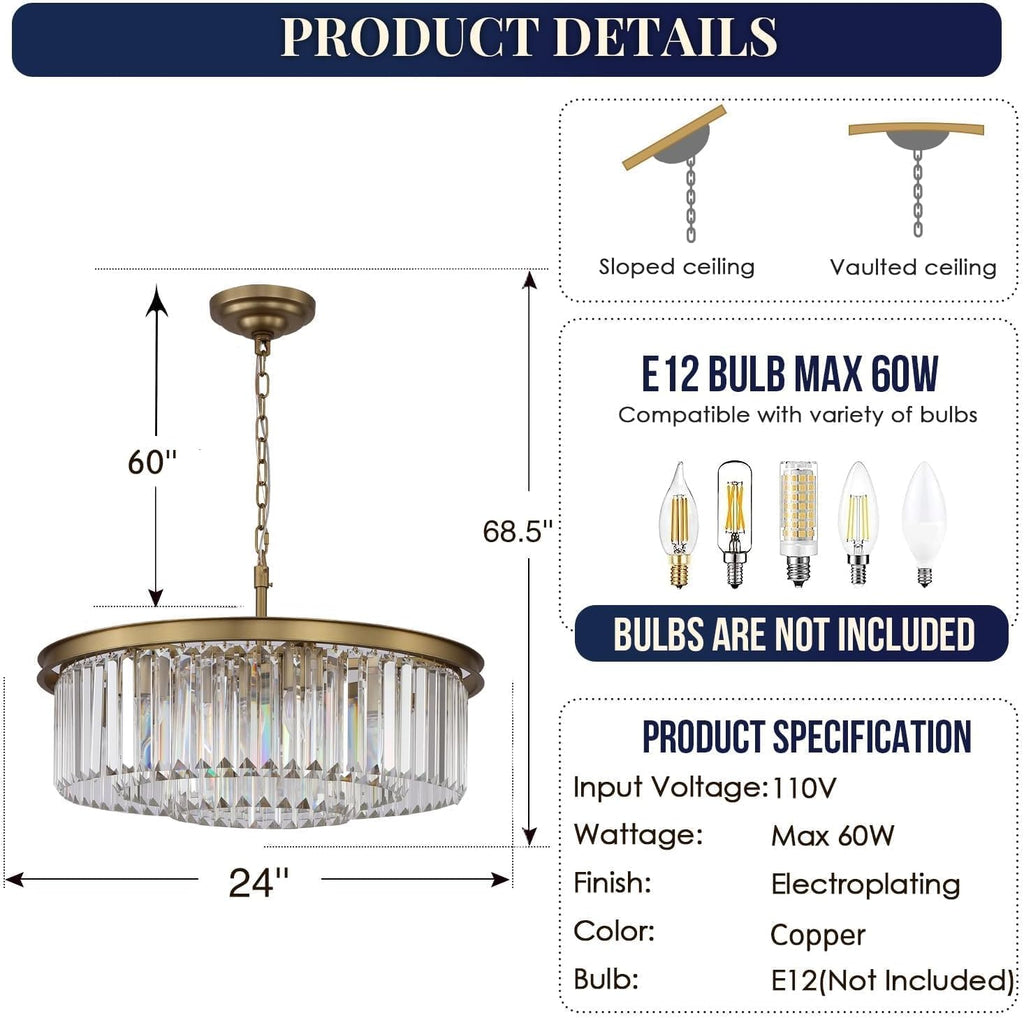 Modern 9-Light Crystal Chandelier, 24 Inch Copper