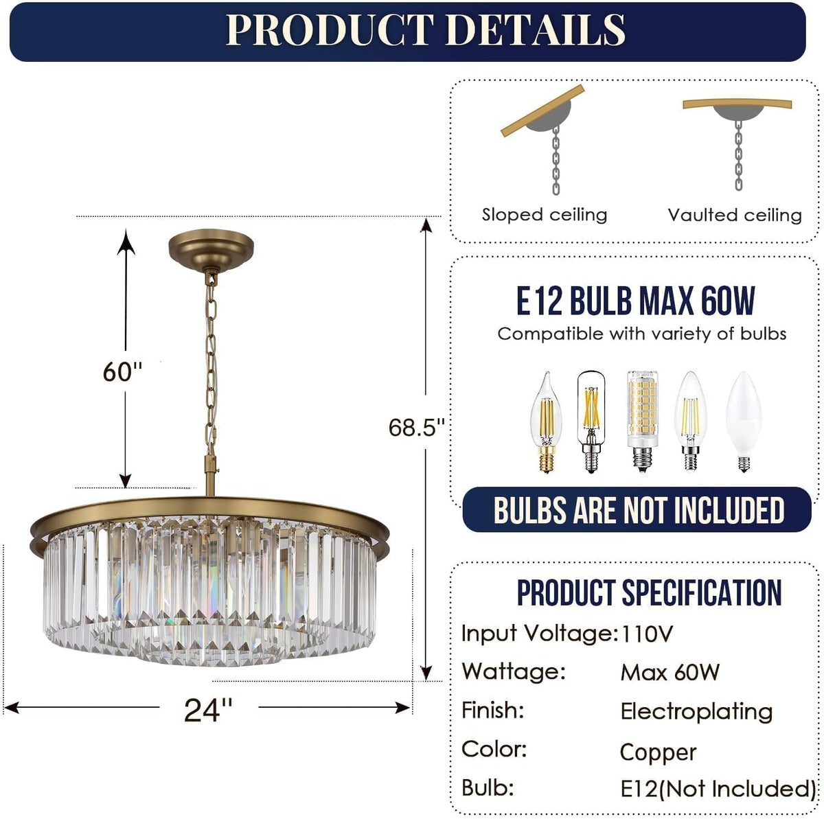 Modern 9-Light Crystal Chandelier, 24 Inch Copper