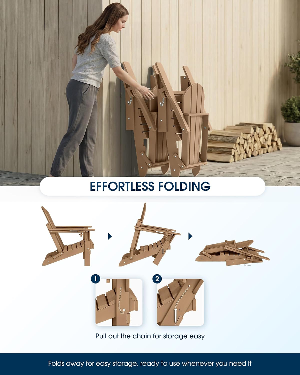 MUCHENGHY Folding Adirondack Chairs, Patio Chairs, Lawn Chairs, Outdoor Chair, Adirondack Chair Plastic, Fire Pit Chairs, Weather Resistant with Cup Holder for Deck, Backyard, Garden(Teak)
