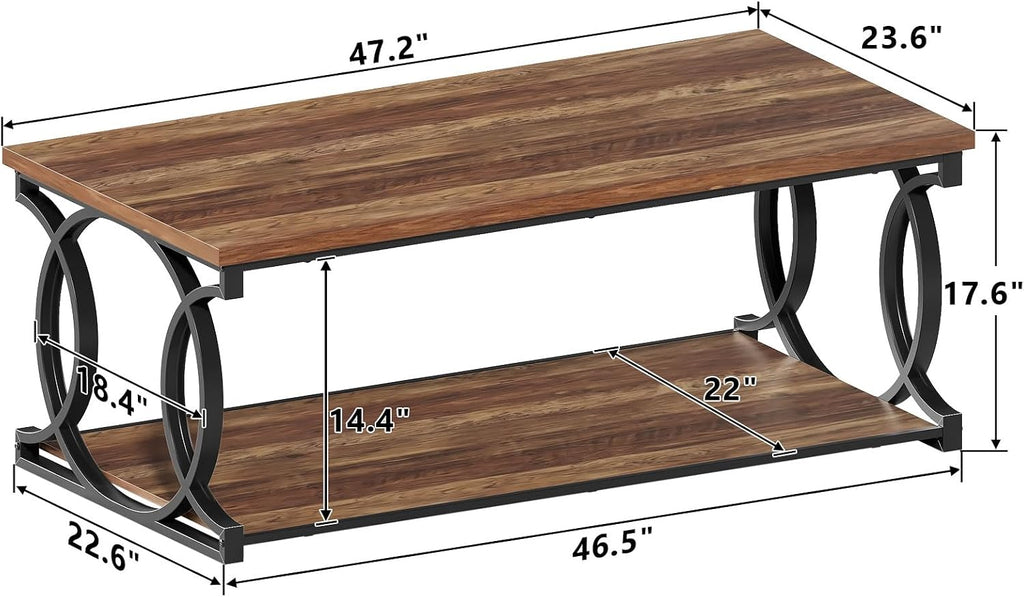 Coffee Table, 47"Brown Industrial Rustic Storage Table for Living Room