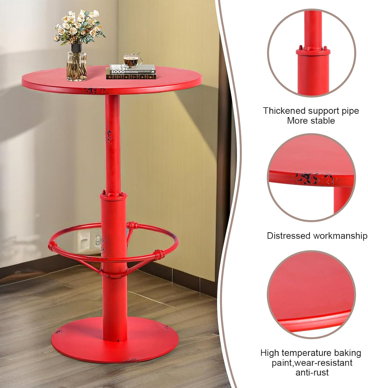 Industrial Pub Table 23.6" Iron Round Desktop 37.4" Height Cast Iron Bar Table Antique Red
