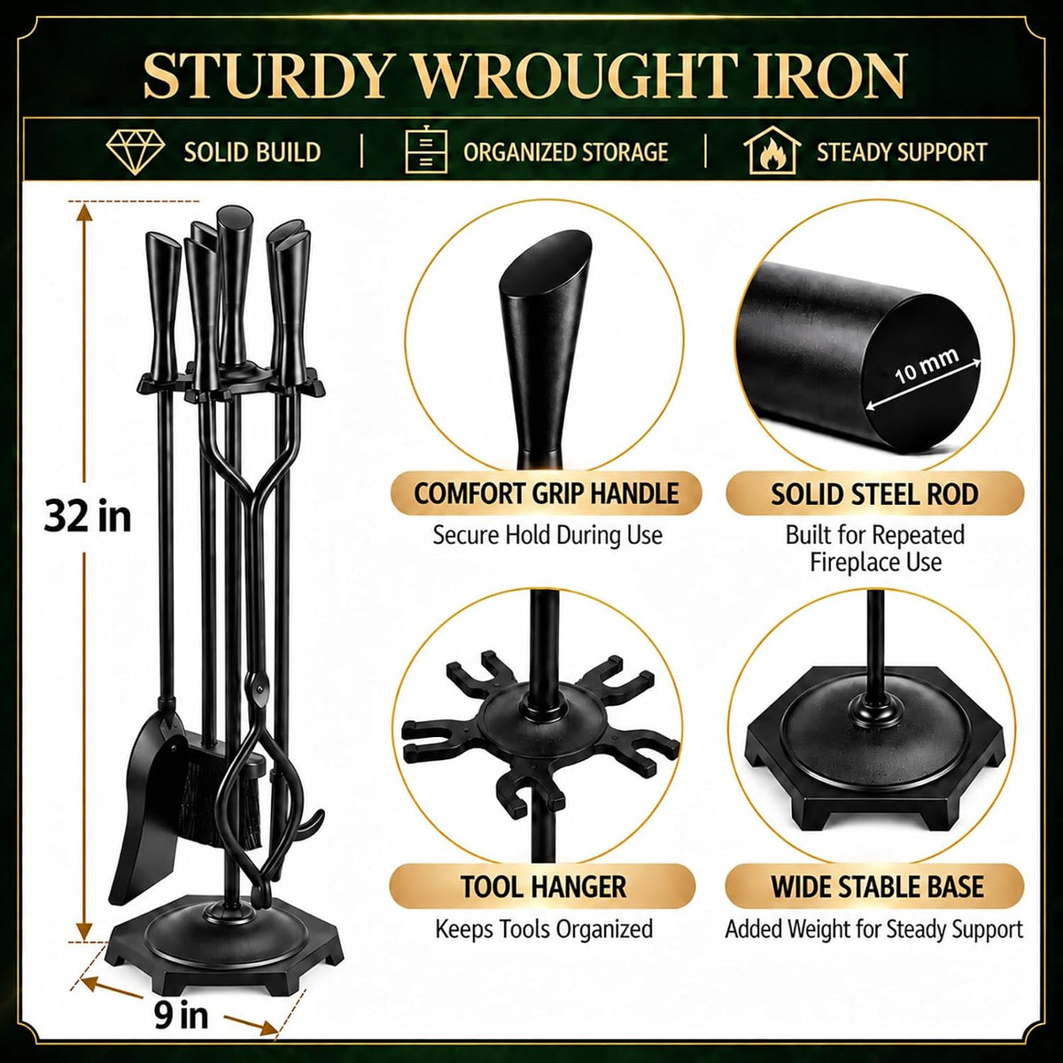 FEED GARDEN 5-Piece Fireplace Tools Set with Stand, Heavy Duty Wrought Iron