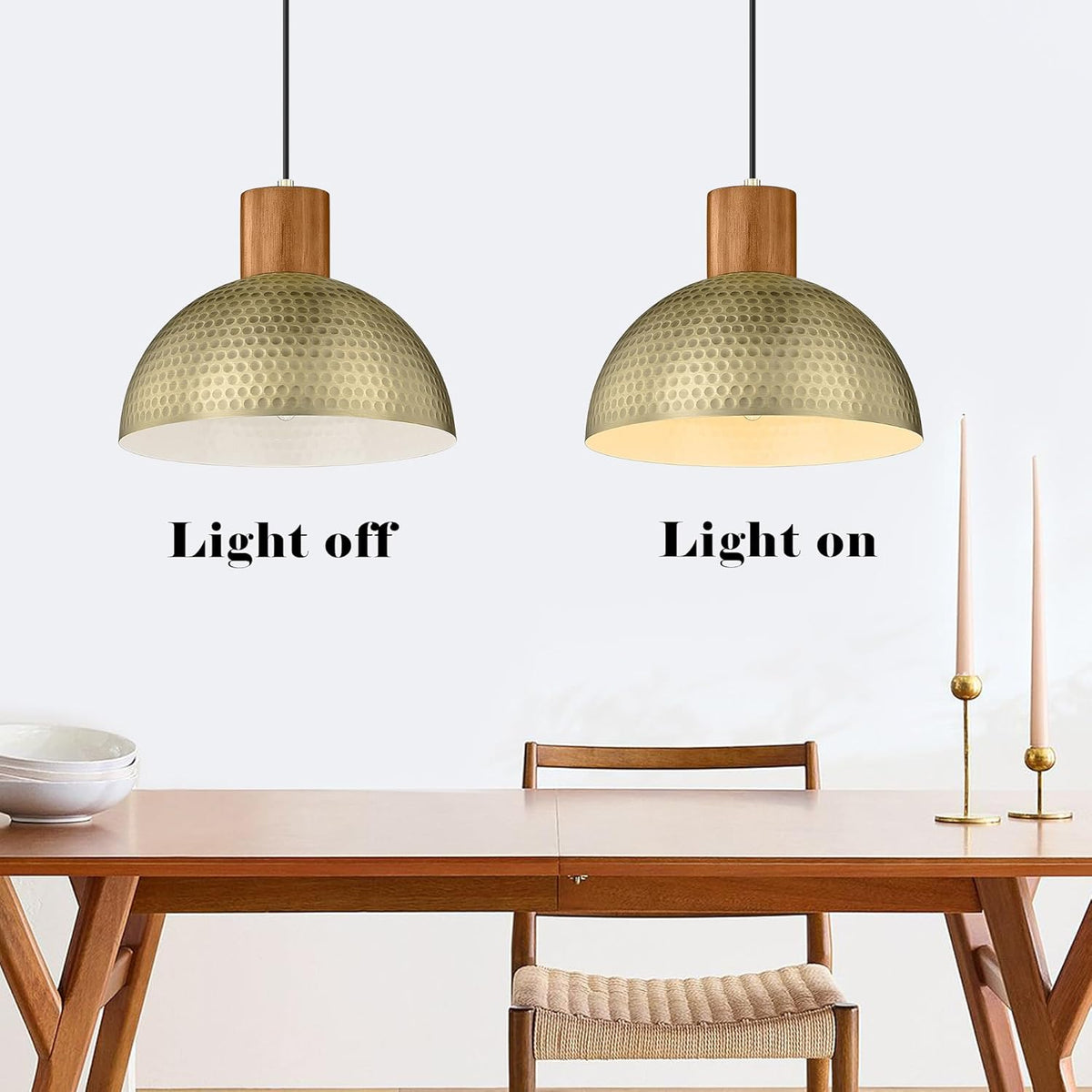 ELYONA 2 Pack Hammered Pendant Lights 12” Vintage Metal & Wood Dome Hanging Lamp Antique Gold Industrial Kitchen Pendant Light Fixtures for Island, Farmhouse, Dining Room, Sink, Hallway, Brushed Brass