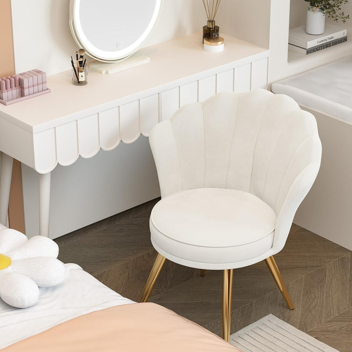Velvet Accent Chair with Gold Metal Legs, Vanity Chair for Makeup Room, Upholstered Guest Chair for Living Room, for Bedroom, White