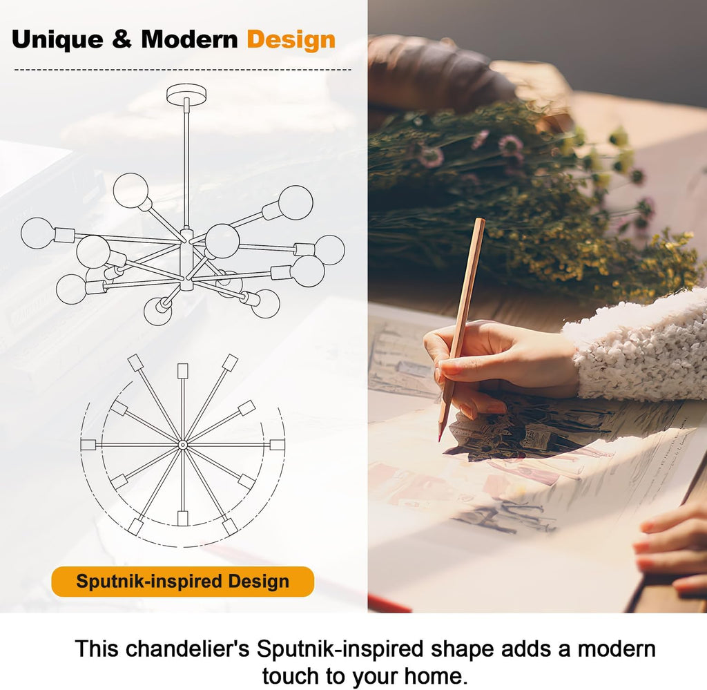 11"-52" Height Adjustable Modern Chandelier Ceiling Light Fixture, 12-Light Sputnik Chandeliers Brushed Gold Mid Century Chandelier Over Table, Chandeliers for Dining Room Living (Bulbs Not Included)
