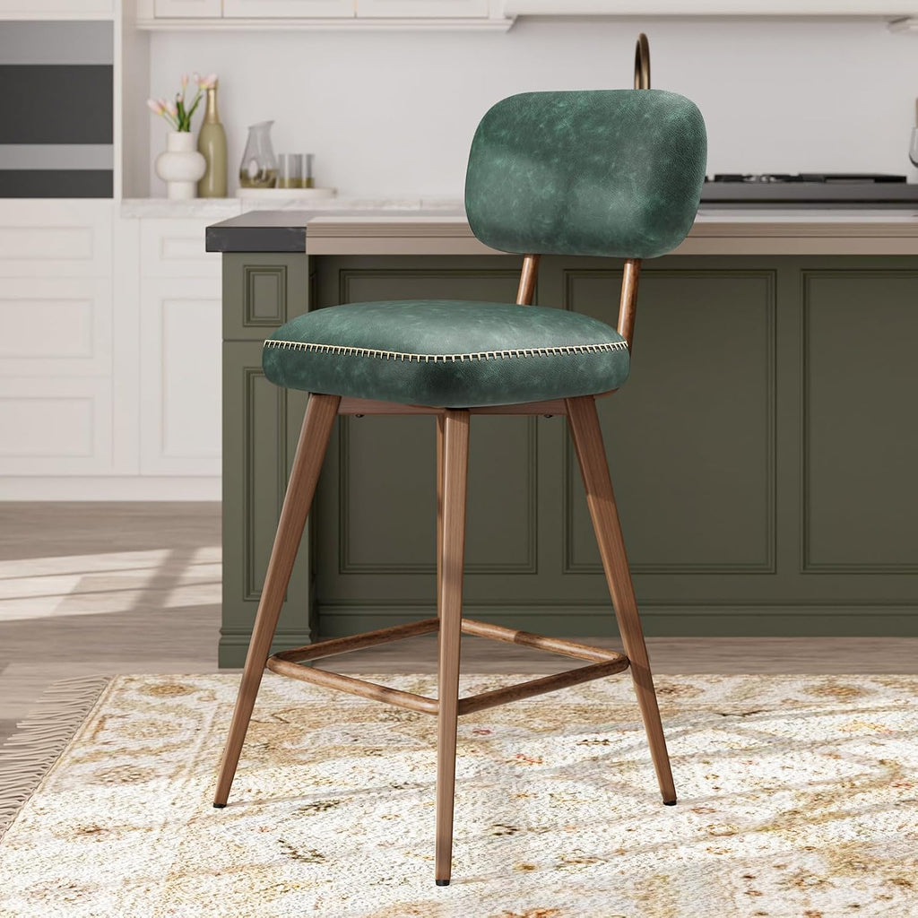 MALOL 26“ PU Leather Swivel Bar Stools Set of 4, Mid Century Counter Height Bar Chairs with Low Back and Metal Legs, Modern Bar Stool Chair for Kitchen Island, Green