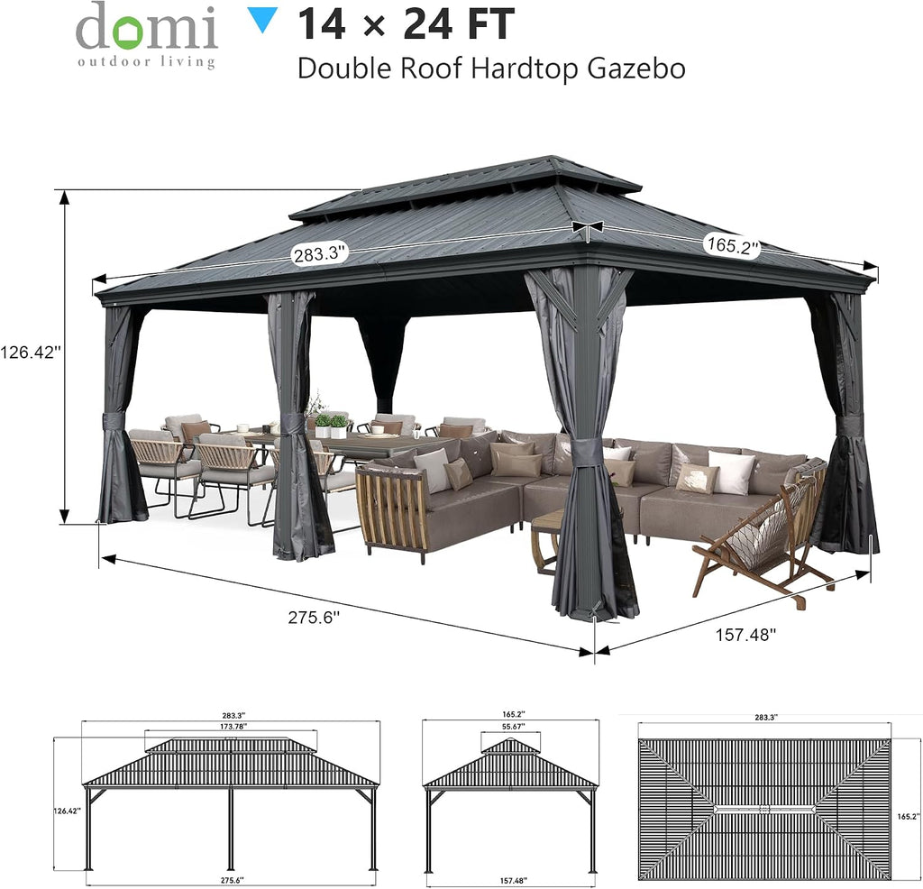 Domi 14’ x 24’ Outdoor Hardtop Gazebo, Upgraded Metal Gazebo with Galvanized Steel Double Roof, Heavy Duty Canopy Permanent Pavilion for Patio Lawn and Garden, Curtains and Netting Included, Grey