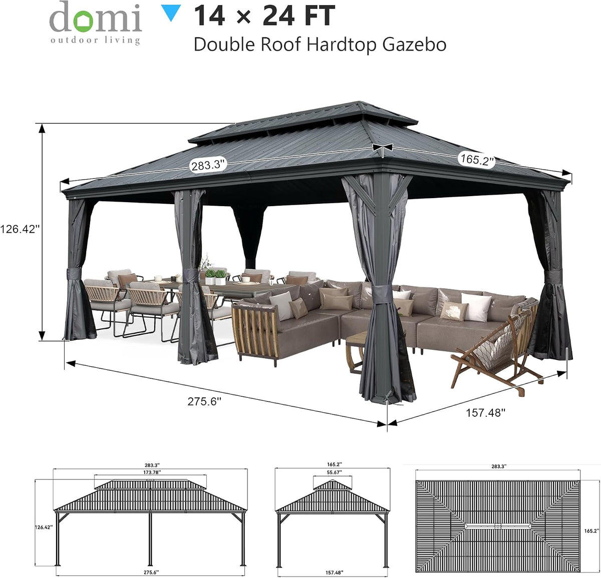 Domi 14’ x 24’ Outdoor Hardtop Gazebo, Upgraded Metal Gazebo with Galvanized Steel Double Roof, Heavy Duty Canopy Permanent Pavilion for Patio Lawn and Garden, Curtains and Netting Included, Grey