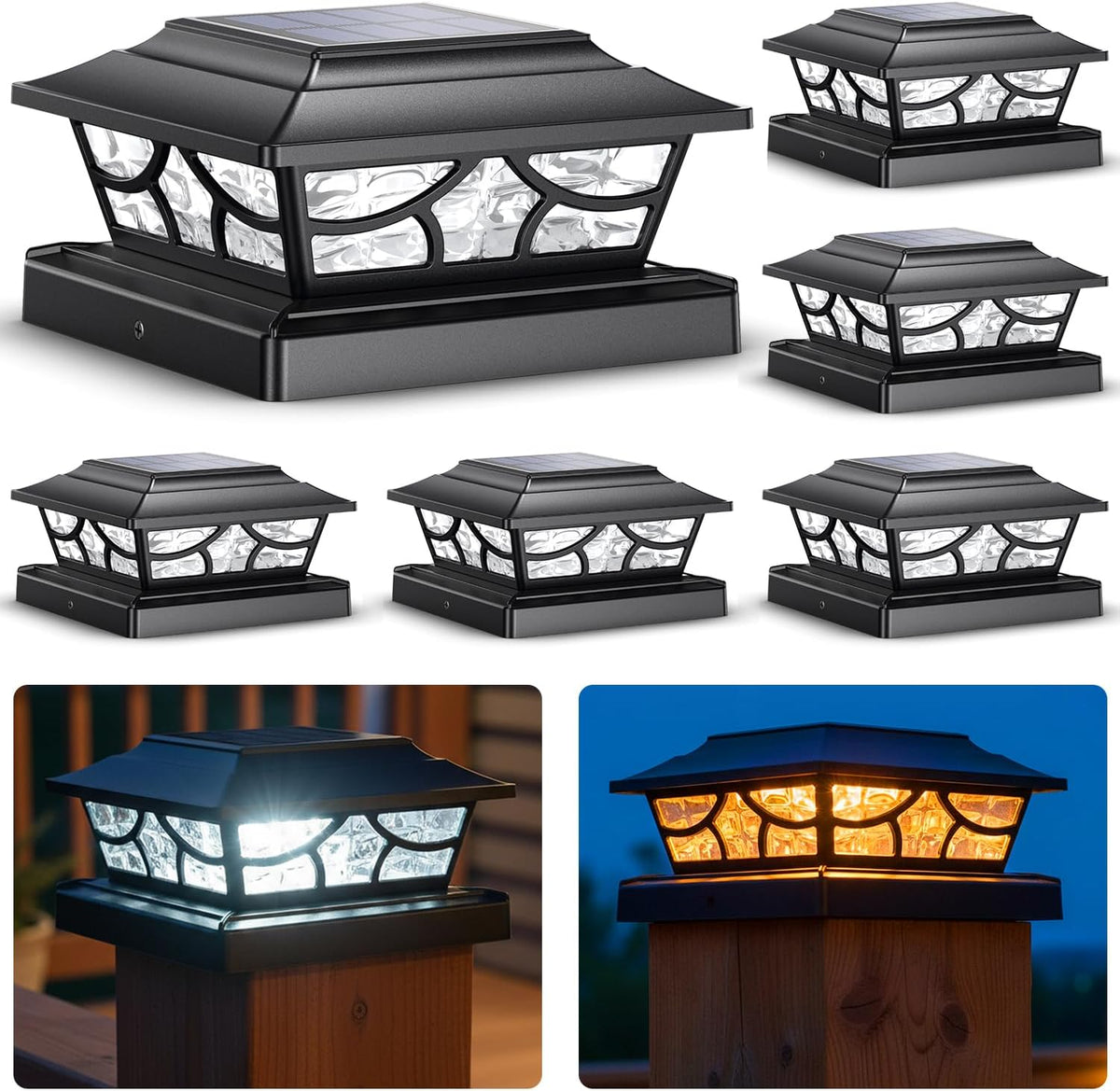SIEDiNLAR Solar Post Lights Outdoor 4 Modes, 6 Pack Black, Warm/Cool White