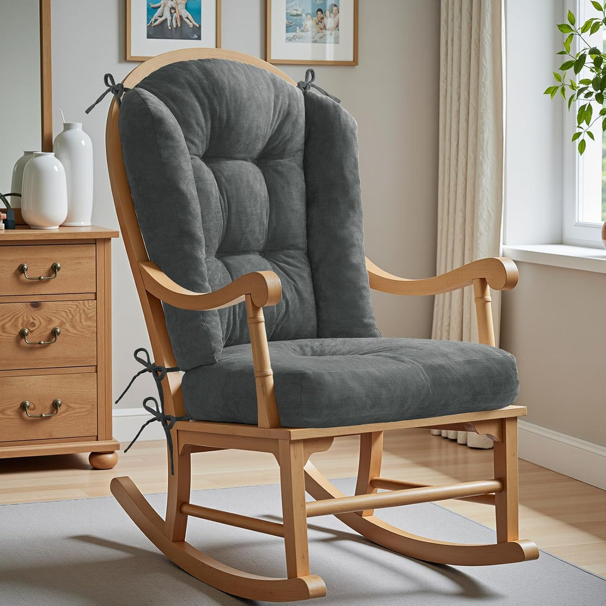 Wingback Rocking Chair Cushion - 17"x17" Seat & 26.7"x 22" Back, for Adirondack Chair, Glider & Indoor Rockers Cushions, High-Density Sponge, Comfort Chenille with Ties(Dark Grey, 2-Piece)