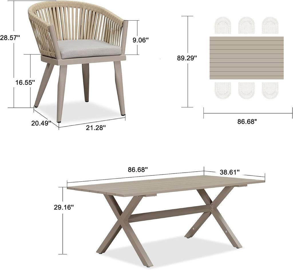 PURPLE LEAF 7 Pieces Patio Dining Set with Longer Aluminum Table, Champagne