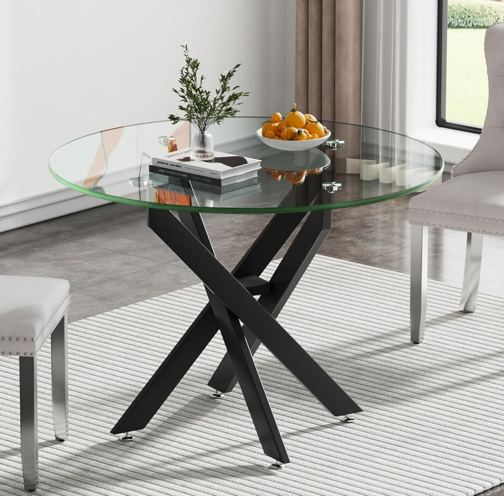 Henf 5 Piece Round Glass Dining Table Set, Modern Black Kitchen Dining Room Table Set for 4, 36" Circle Kitchen Table and 4 Black Velvet Upholstered Chairs Set w/Stainless Steel Legs for Small Space