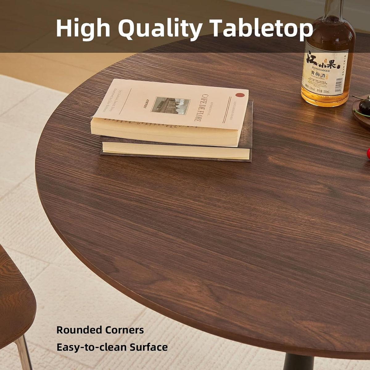 round dining table, 31.5" tulip table (faux walnut), close-up detail