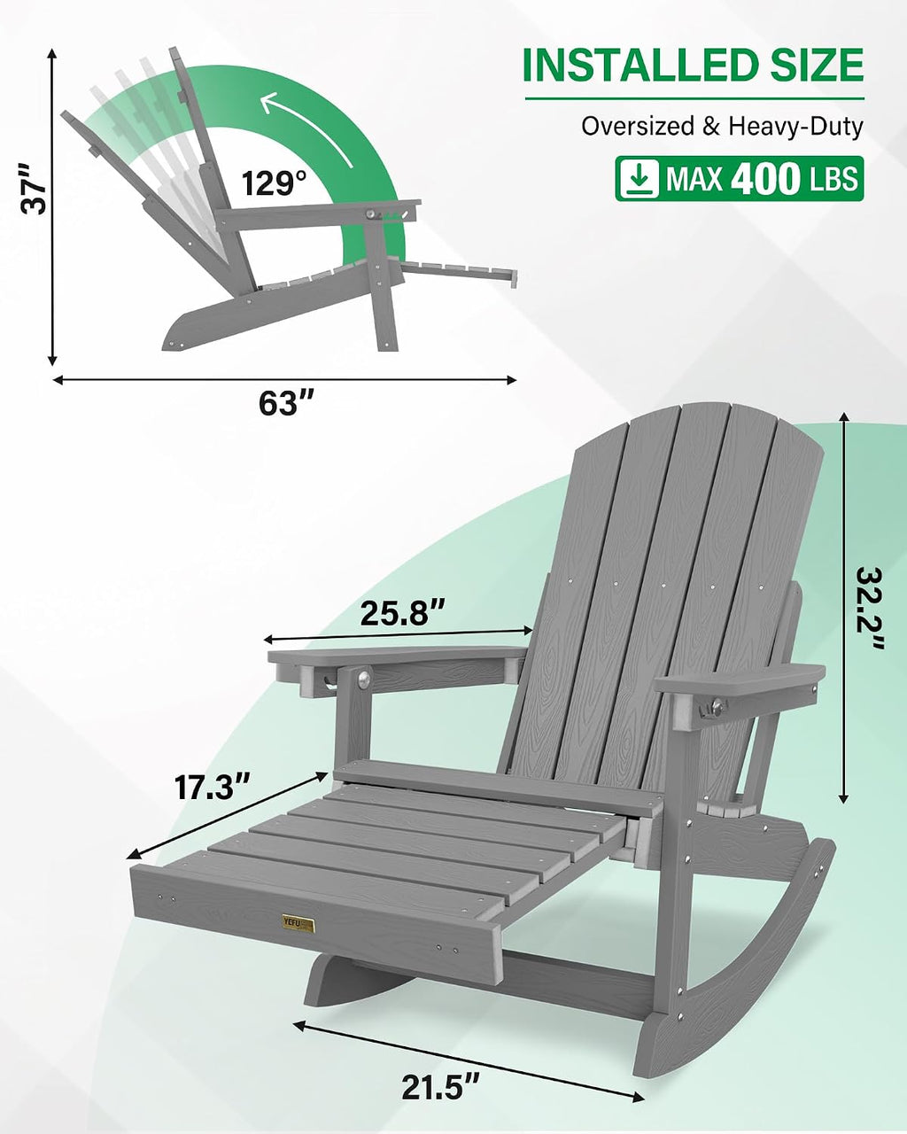 YEFU Adirondack Rocking Chairs, Adirondack Chair with Footrest, Grey