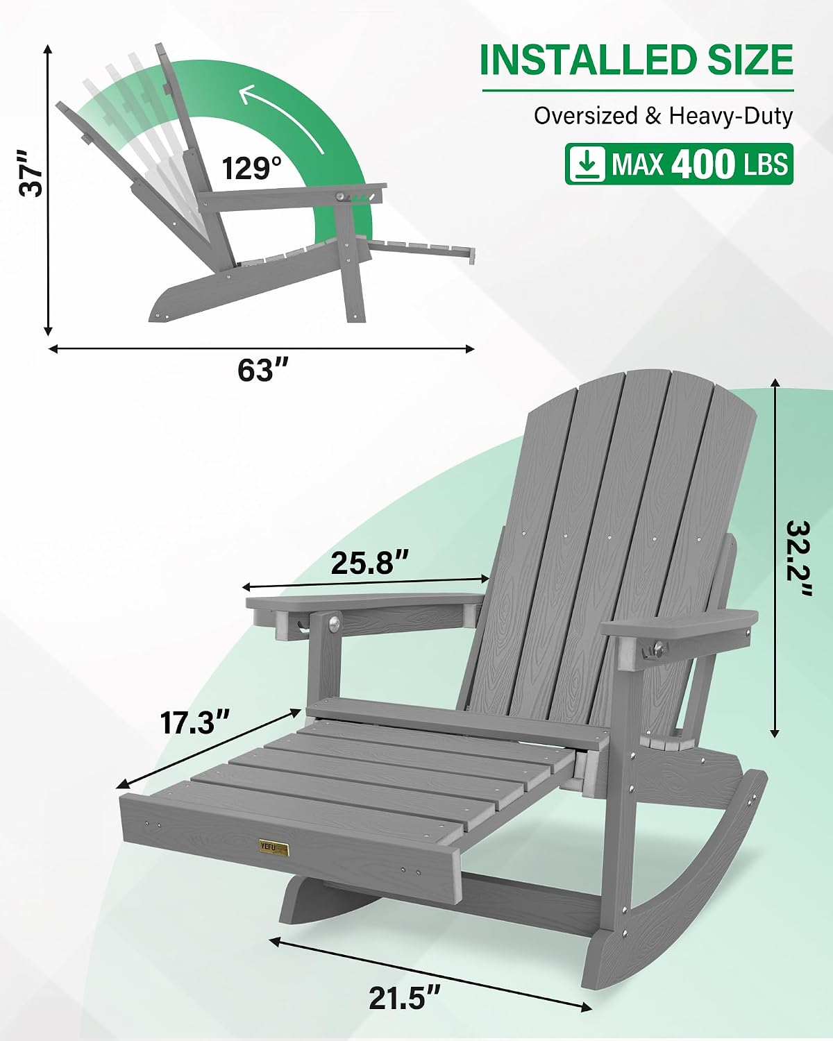 YEFU Adirondack Rocking Chairs, Adirondack Chair with Footrest, Grey
