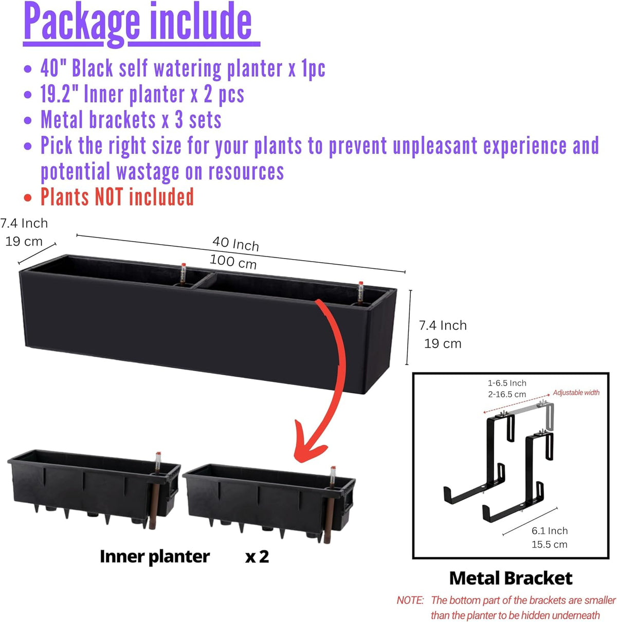 LaLaGreen Rail Planter for Balcony Outdoor (1 Pack, 40 Inch) Large Black Self Watering Railing Planters with Brackets, Rectangular Plastic Window Flower Box Simple Designer Choice with Rattan Pattern